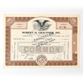 Robert H Graupner Common Stock Certificate 50 SHARES 1946 CANCELLED