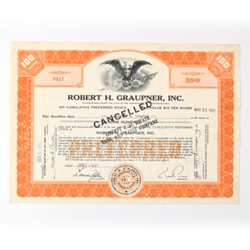 Robert H Graupner Preferred Stock Certificate 100 SHARES 1947 CANCELLED