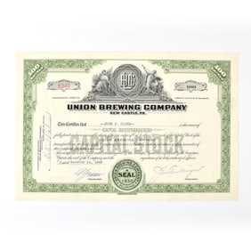 Union Brewing Co Capital Stock Certificate 100 SHARES ISSUED