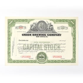 Union Brewing Co Capital Stock Certificate 100 SHARES SPECIMEN