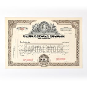 Union Brewing Co Capital Stock Certificate LESS THAN 100 SHARES SPECIMEN