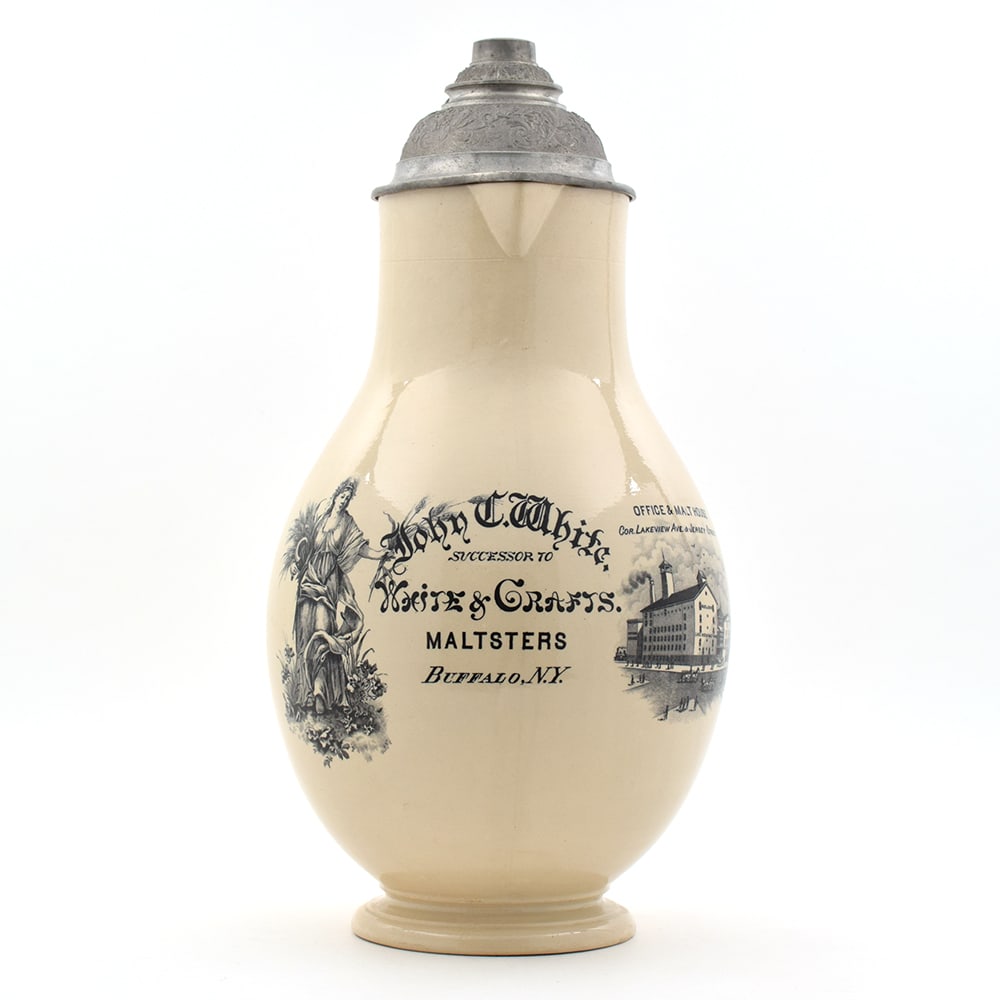 John C White Maltster Large Ceramic Pre-Pro Pewter-Lidded Jug: Business Name: John C. White Malsters, Buffalo, New York Manufacturer/Plant: Date of manufacture: