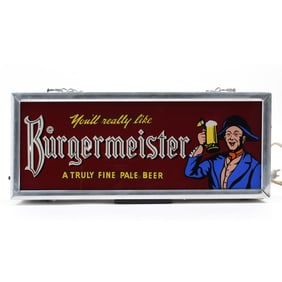 Burgermeister Beer 1950s Illuminated Reverse Painted Glass Sign SCARCE