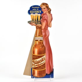 Glueks Beer 1940s Die Cut Cardboard Easel Sign RARE