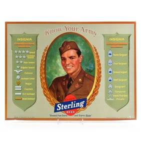 Sterling Beer 1940s Tin-Over-Cardboard Sign KNOW YOUR ARMY