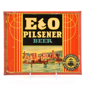 E and O Pilsener Beer 1930s Tin-Over-Cardboard Sign