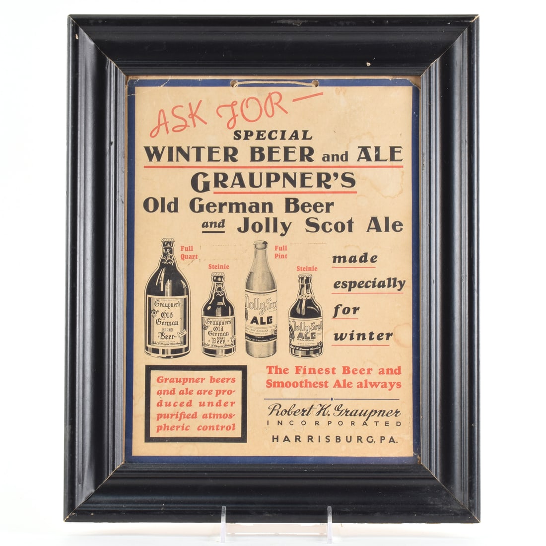 Graupner Jolly Scot and Old German Beer 1930s Cardboard Sign WINTER (1 of 2)