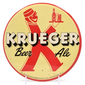Krueger Beer-Ale 1950s Tin-Over-Cardboard Button Sign