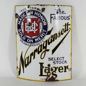 Narragansett Select Stock Lager Curved Corner Pre-Pro Porcelain Sign RARE