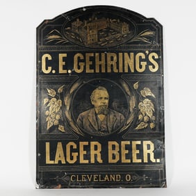C.E. Gehring's Lager Beer Factory Scene Portrait Tin Tombstone Sign RARE