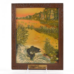 Miller High Life 1940s Pressed or Molded Composition Sign BASS FISHING 1 OF 2