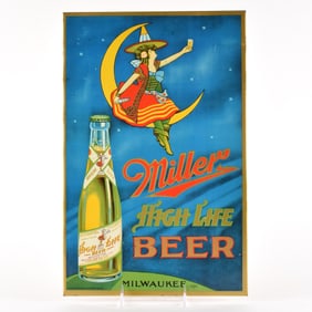 Miller High Life BEER 1930s Tin-Over-Cardboard Sign GIRL ON MOON