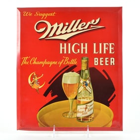 Miller High Life Beer 1940s Tin-Over-Cardboard Sign