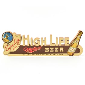 Miller High Life Beer 1940s Wood Laminate Die Cut Back Bar Sign