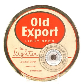 Old Export 1950s Tin Button Thermometer Sign LIGHTER