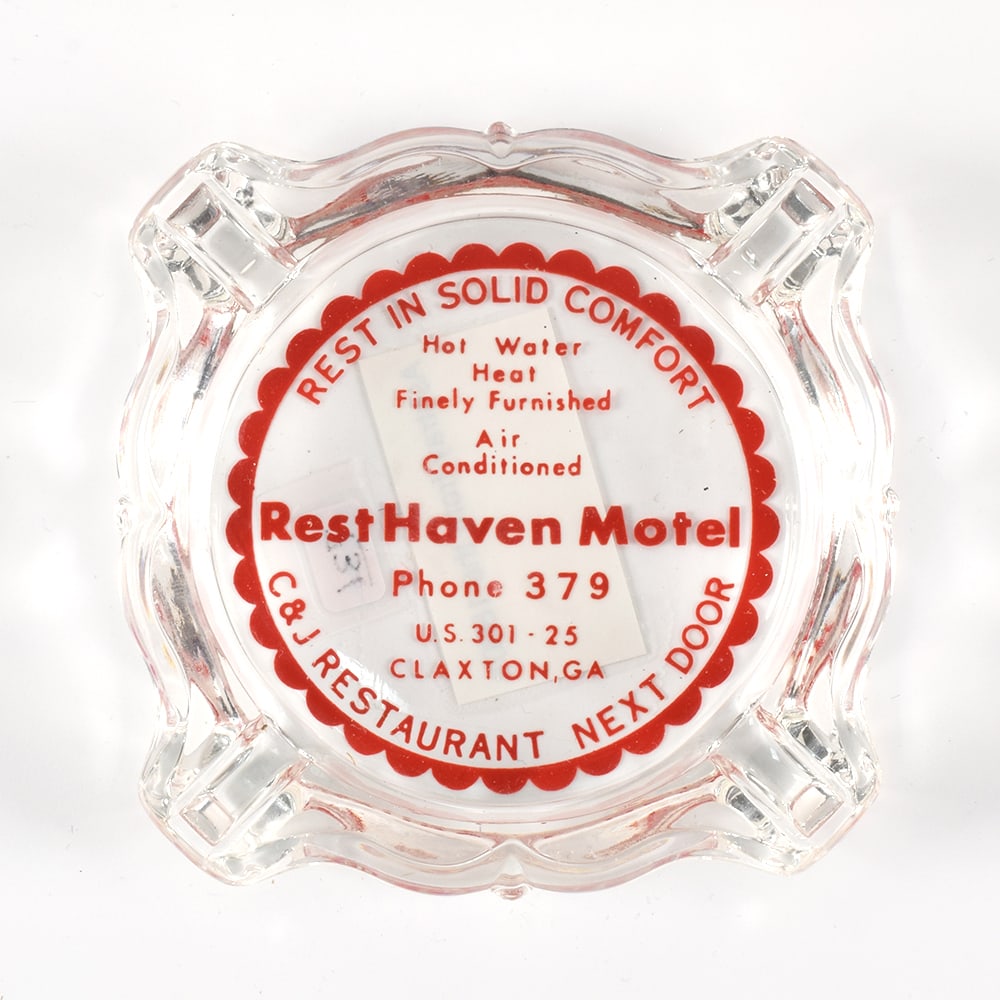 Rest Haven Motel 1950s ACL Glass Ash Tray: Business Name: Rest Haven Motel, Claxton, Georgia Manufacturer/Plant: Unknown Date o