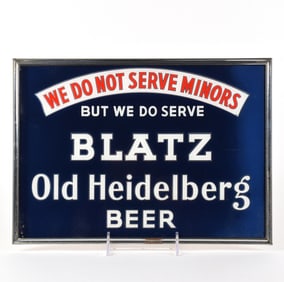 Blatz Old Heidelberg Beer 1940s Reverse-Painted Glass Sign NO MINORS