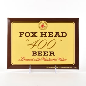 Fox Head 400 Beer 1940s Tin-Over-Cardboard Sign MINTY