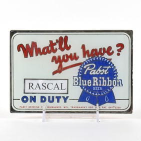 Pabst Blue Ribbon 1950s Reverse-Painted Glass Sign BARTENDER ON DUTY