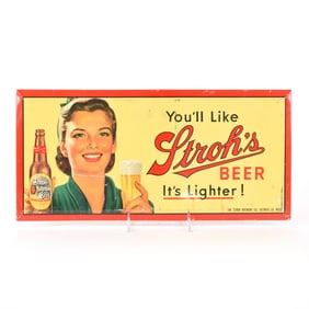 Strohs Beer 1940s Tin-Over-Cardboard Sign ITS LIGHTER