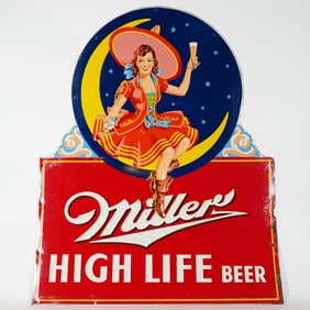 Miller High Life Beer Girl On Moon Tin Diecut Sign