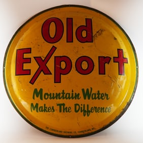 Old Export Mountain Water Makes The Difference Convex Tin Sign GREEN CURSIVE