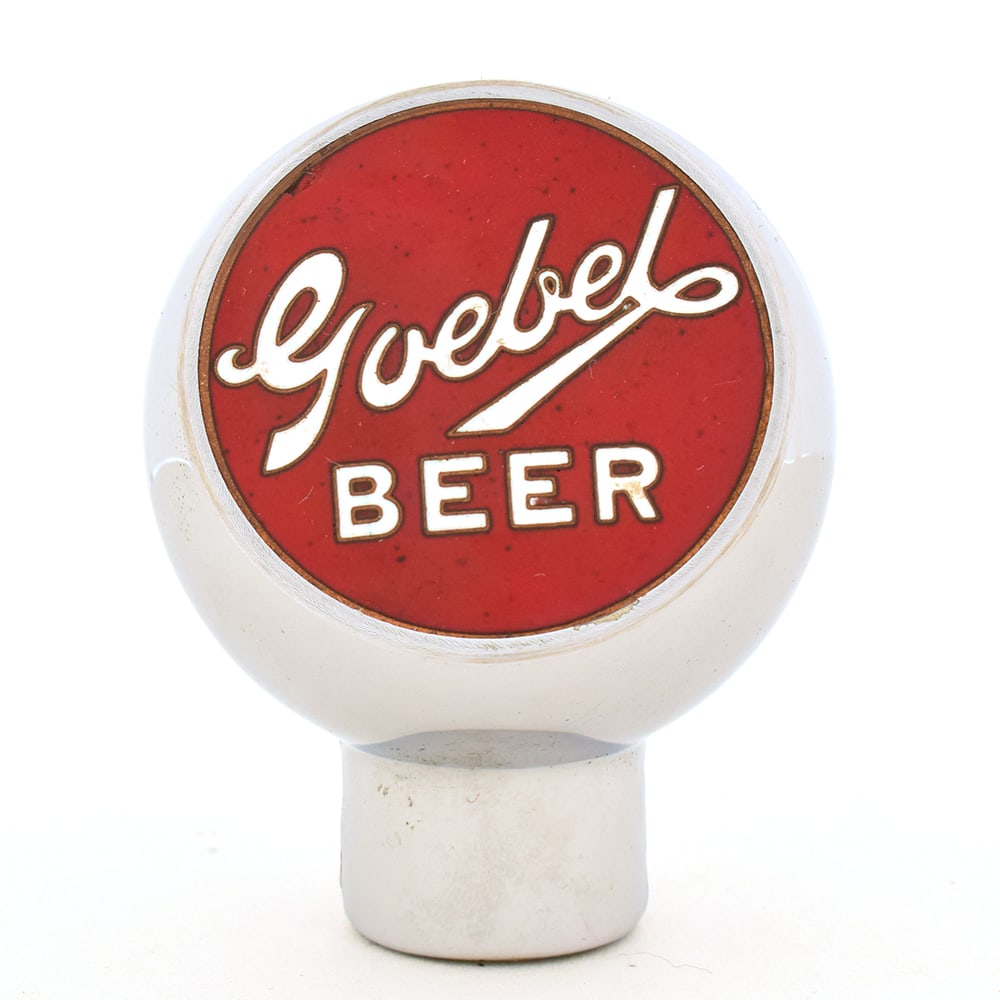Goebel Beer Enameled Chrome Ball Tap Knob NEAR MINT: Brewer/Business Name: Goebel Brewing Co., Detroit, MichiganManufacturer/Plant: Robbins Attleboro Mass.Date of manufacture: