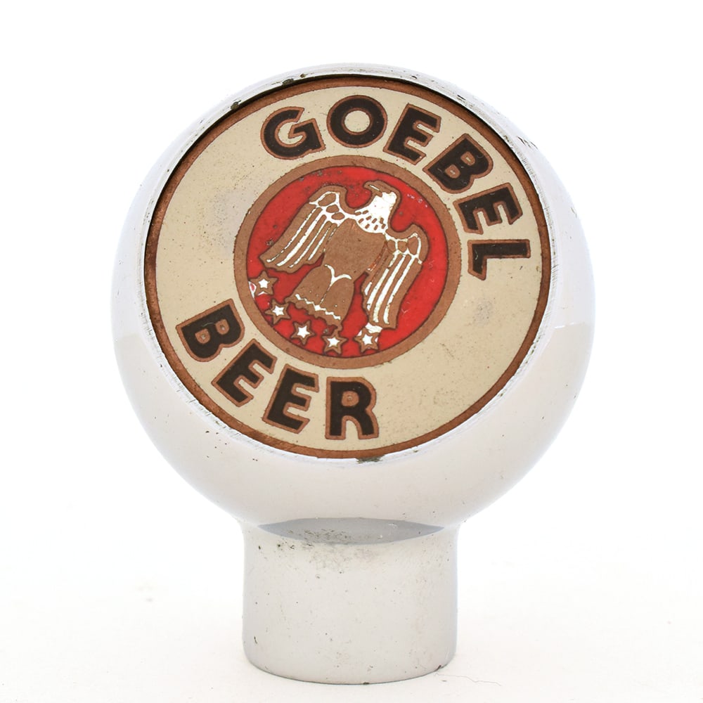 Goebel Beer Enameled Chrome Ball Tap Knob EAGLE: Brewer/Business Name: Goebel Brewing Co., Detroit, MichiganManufacturer/Plant: Robbins Attleboro Mass.Date of manufacture: