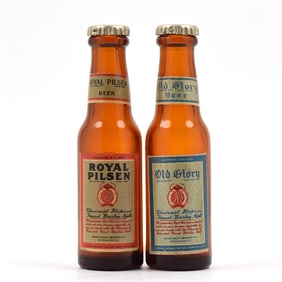 Abner Drury Brewing 1930s Mini Bottle Salt-Pepper Shakers Lot of 2 OLD GLORY ROYAL PILSEN