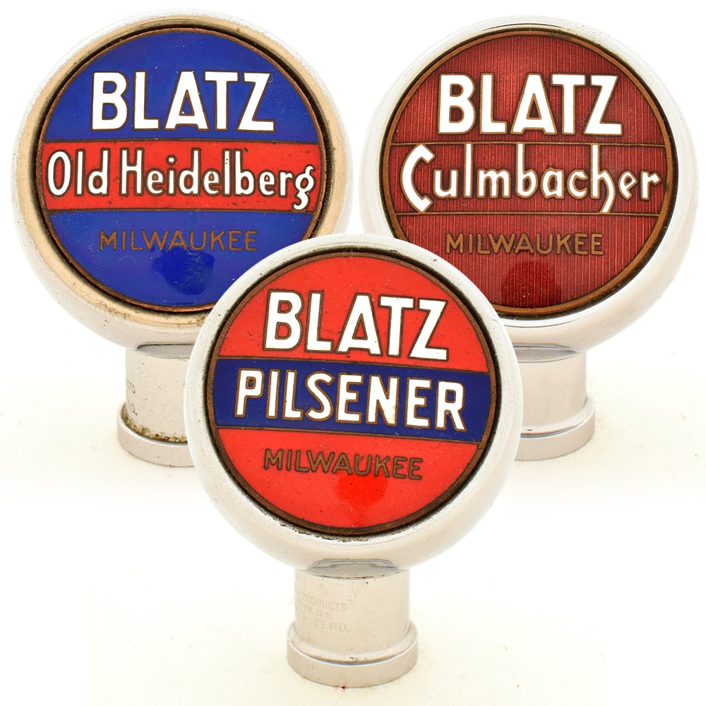 Blatz Beers 1930s 2-Sided Torpedo Style Chrome Tap Knobs Lot of 3: Brewer/Business Name: Blatz Brewing Co., Milwaukee, Wisconsin Manufacturer/Plant: Unknown Date of manufacture: