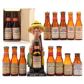 Budweiser 1950s-60s Mini Bottle Lot of 14 items Incl Back Bar Statue FISHING