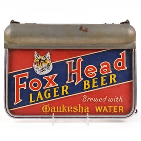 Fox Head Lager Beer 1930s Reverse Painted Glass Lighted Sign SCARCE
