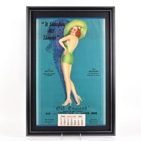 Old England SATISFIES ALL THIRSTS Pinup Girl 1938 Calendar Sign EXCELLENT