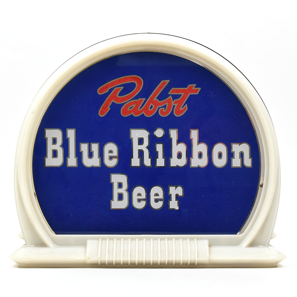 Pabst Blue Ribbon Beer 1940s Plastic Frame Reverse-Painted Glass Illuminated Sign: Brewer/Business Name: Pabst Brewing Co., Milwaukee, Wisconsin Manufacturer/Plant: Raymond M. Price and Assocs Chesterton, IndianaDate of ma