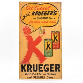 Krueger Ale-Beer IN BOTTLE KEGLINED CANS 1930s Embossed Tin Sign K-MAN SCARCE