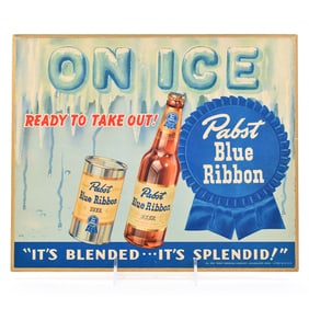 Pabst Blue Ribbon Beer 1940s Wood Laminated Sign ON ICE TAKE OUT