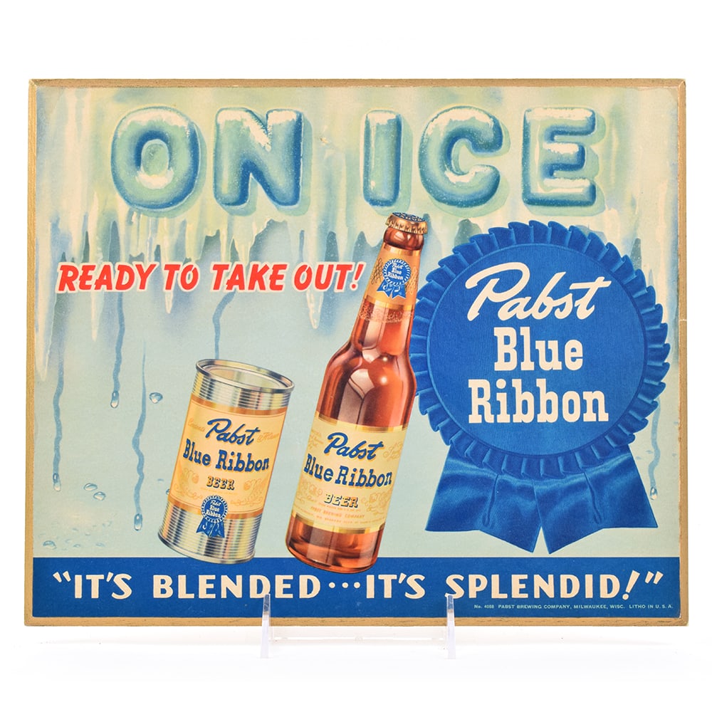 Pabst Blue Ribbon Beer 1940s Wood Laminated Sign ON ICE TAKE OUT (1 of 2)