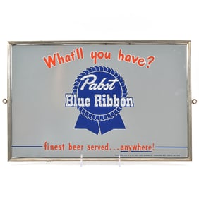 Pabst Blue Ribbon Beer 1950s Reverse-Painted Glass Mirror Sign