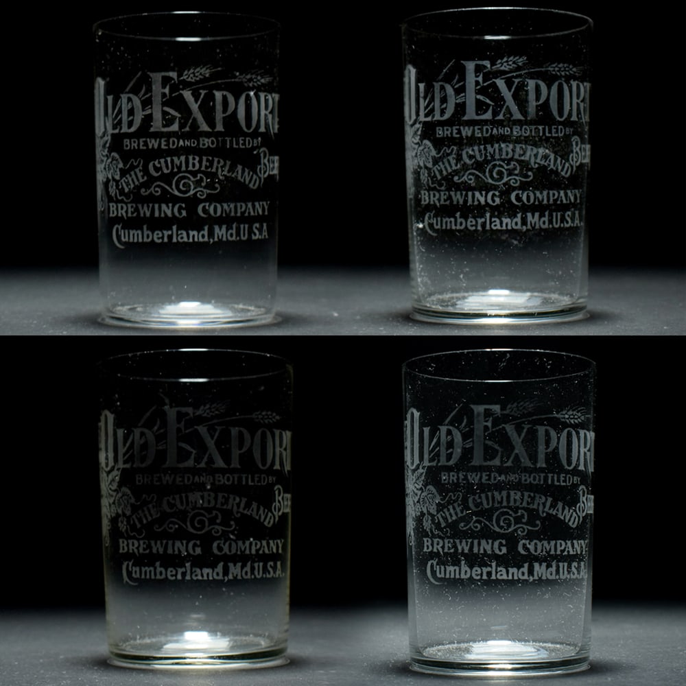 Old Export Beer Pre-Prohibition Etched Glasses Lot of 4: Brewer/Business Name: Cumberland Brewing Co., Cumberland, Maryland Manufacturer/Plant: Unknown Date of manufacture: