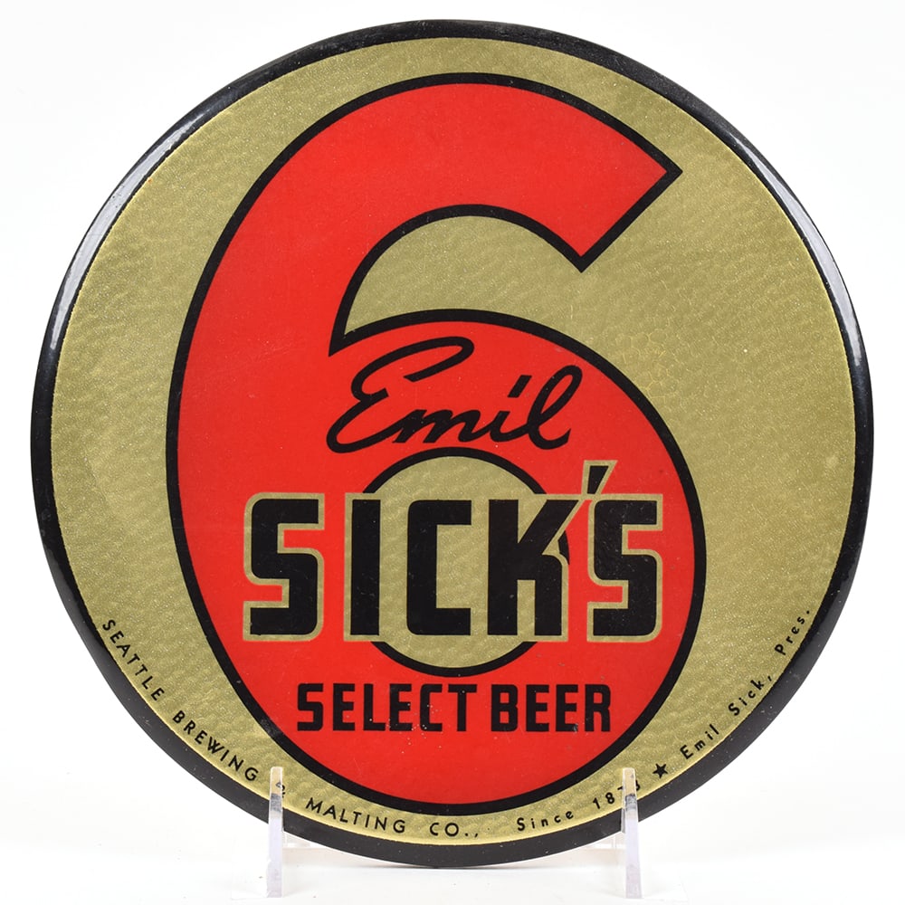 Emil Sicks Select Beer 1940s Celluloid Tin Button Sign WITH BREWER INFO (1 of 2)