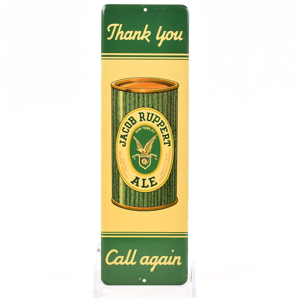Ruppert Ale 1930s Tin Door Push Sign EAGLE EXCELLENT: Brewer/Business Name: Jacob Ruppert, New York, New York Manufacturer/Plant: Unknown Date of manufacture: circa 1930s Contents/Type: N/A Dimensions: 3-1/3 w x 11 h. Comments/description: