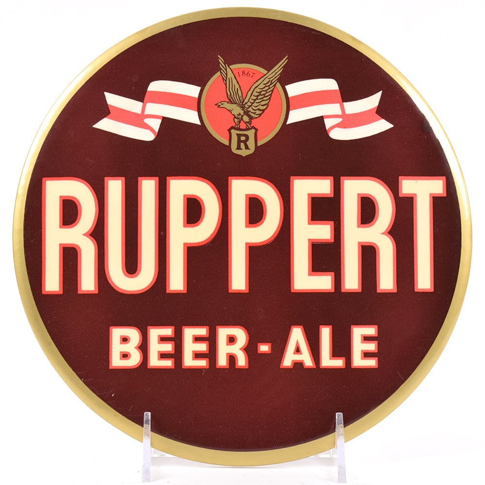 Ruppert Beer-Ale 1940s Celluloid Tin Button Sign MINTY: Brewer/Business Name: Ruppert Brewery, New York, New York Manufacturer/Plant: Unknown Date of manufacture: circa 1940s Contents/Type: N/A Dimensions: 9 inches. Comments/description: