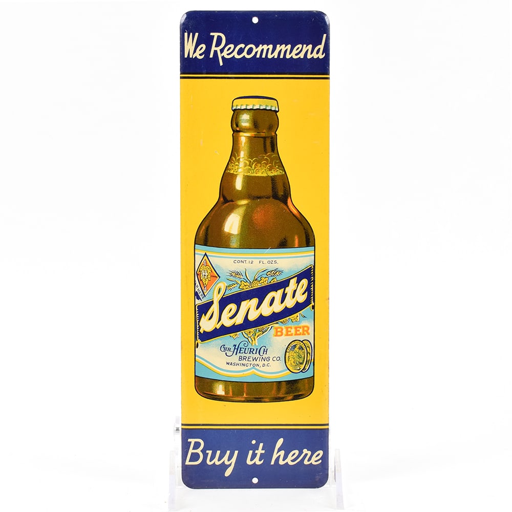 Senate Beer 1930s Tin Door Push Sign STEINIE BUY IT HERE: Brewer/Business Name: Chr. Heurich Brewing Co., Washington, D.C. Manufacturer/Plant: Unknown Date of manufacture: circa 1930s Contents/Type: N/A Dimensions: 3-1/3 w x 11 h. 