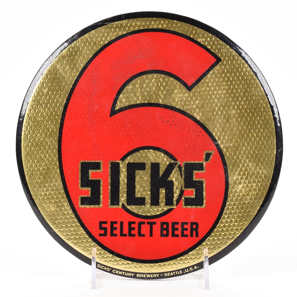 Sicks Select Beer 1930s Celluloid Tin Button Sign SICKS CENTURY 6: Brewer/Business Name: Sicks Century Brewery, Seattle, Washington Manufacturer/Plant: Bastian Bros. Rochester NY Date of manufacture: circa 1930s Contents/Type: N/A Dimensions: 9 inches. 