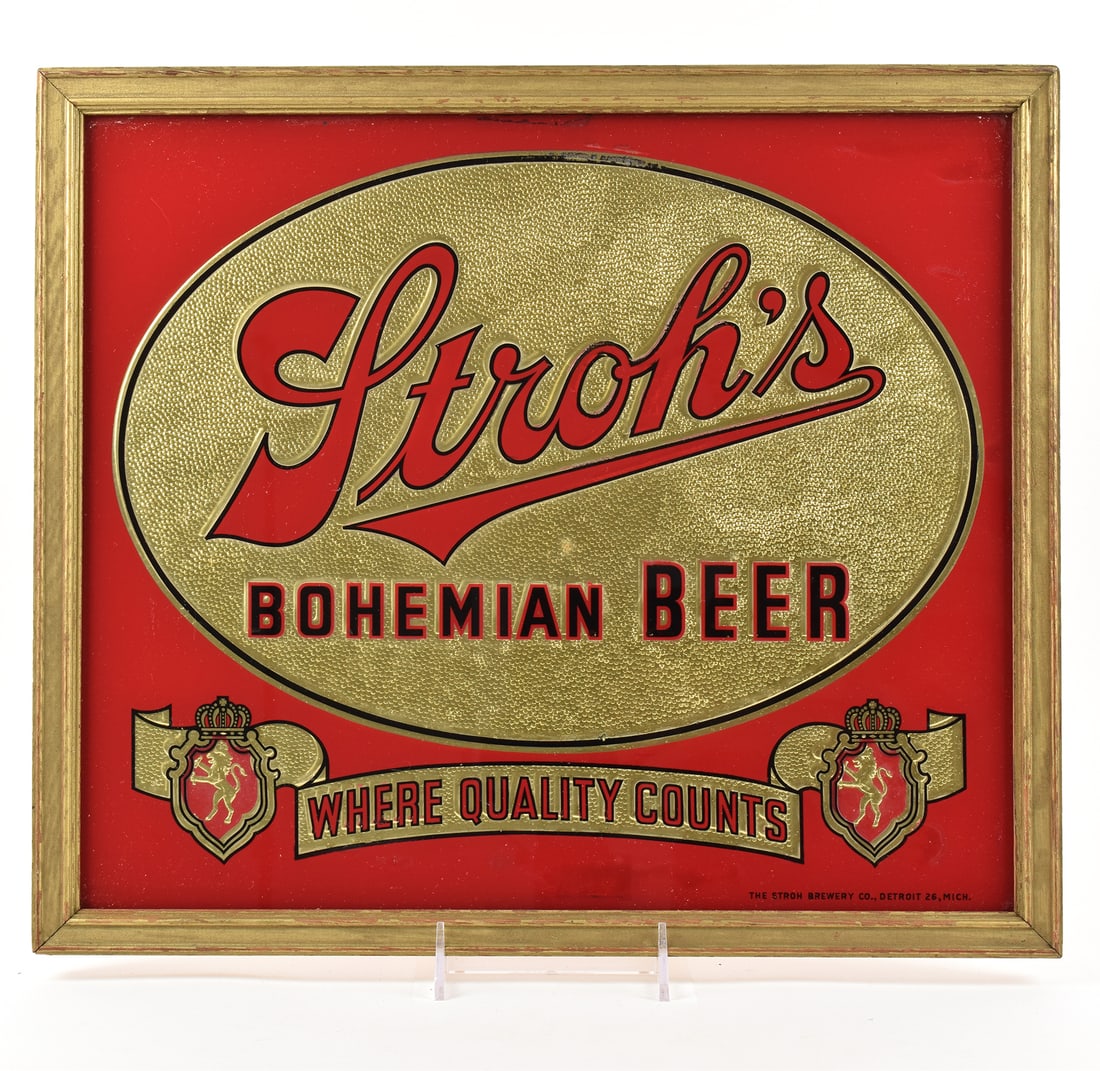 Strohs Bohemian Beer 1940s Reverse-Painted Glass SHARP: Brewer/Business Name: Stroh Brewery Co., Detroit, Michigan Manufacturer/Plant: Unknown Date of manufacture: circa 1940s Contents/Type: N/A Dimensions: 18 w x 16 x .75 d. 