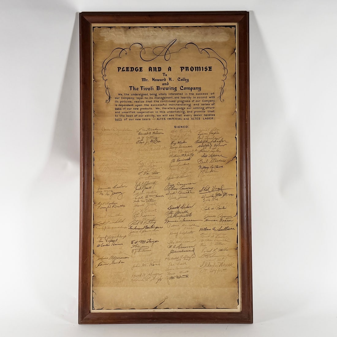 The Tivoli Brewing Company Altes Imperial & Lager Pledge DETROIT MICHIGAN: Tivoli Brewing. Detroit, Michigan. Framed pledge to Mr. Howard H. Colby and The Tivoli Brewing Company for dealers to promote both the Altes Imperial and the Altes Lager brands. The document is