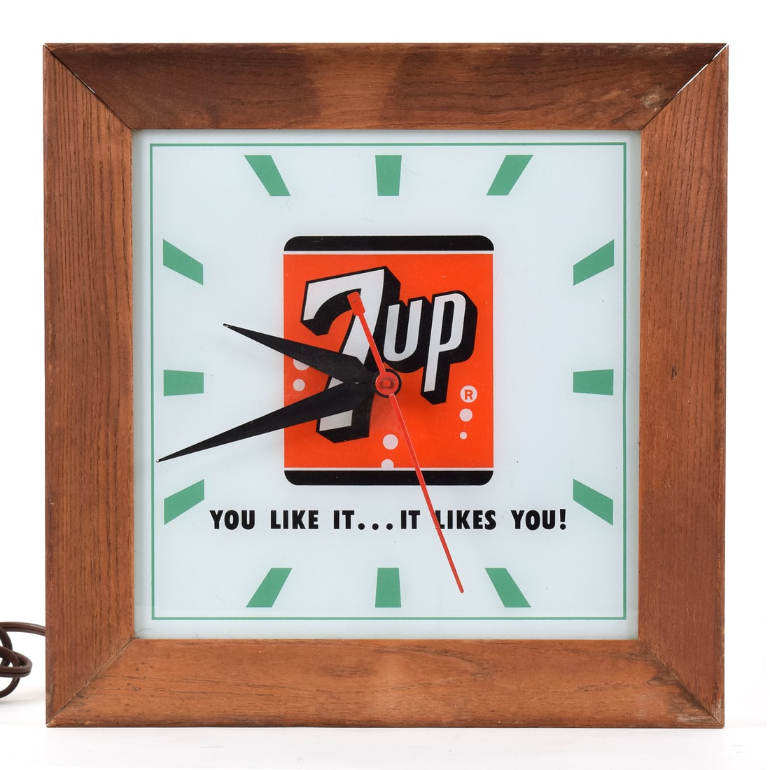 7-Up Soda 1970s Illuminated Clock IT LIKES YOU EXCELLENT: Brewer/Business Name: 7-Up Company, St. Louis, Missouri Manufacturer/Plant: Unknown Date of manufacture: