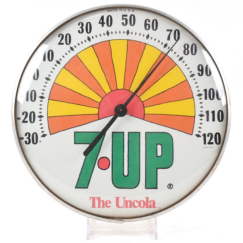 7-Up Soda 1970s Thermometer UNCOLA EXCELLENT: Brewer/Business Name: Coca-Cola Company, Atlanta, Georgia Manufacturer/Plant: Unknown Date of manufacture: circa 1970s Contents/Type: N/A Dimensions: 13 diameter x 2-1/2 d. 