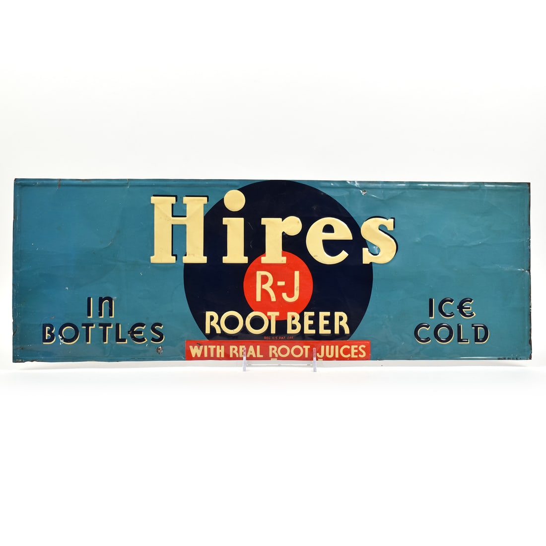 Hires Root Beer Soda 1930s Embossed Tin Sign ICE COLD IN BOTTLES (1 of 2)