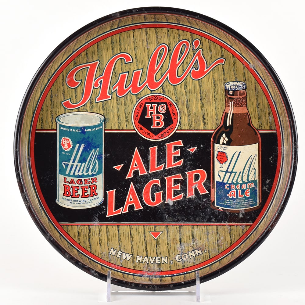 Hulls Lager-Ale 1930s Tray STEINIE FLAT TOP: Brewer/Business Name: Hull Brewing Co., New Haven, Connecticut Manufacturer/Plant: Universal Tray and Sign Co., New York, NY Date o